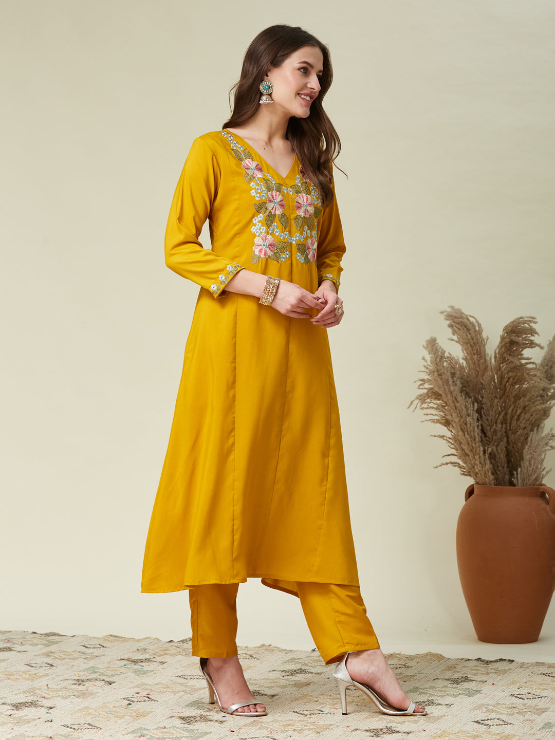 Mustard Embroidered Chinon A line Kurta With Dupatta Set