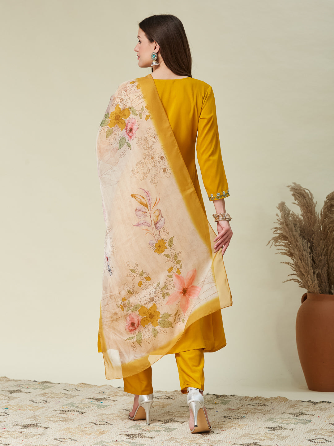 Mustard Embroidered Chinon A line Kurta With Dupatta Set