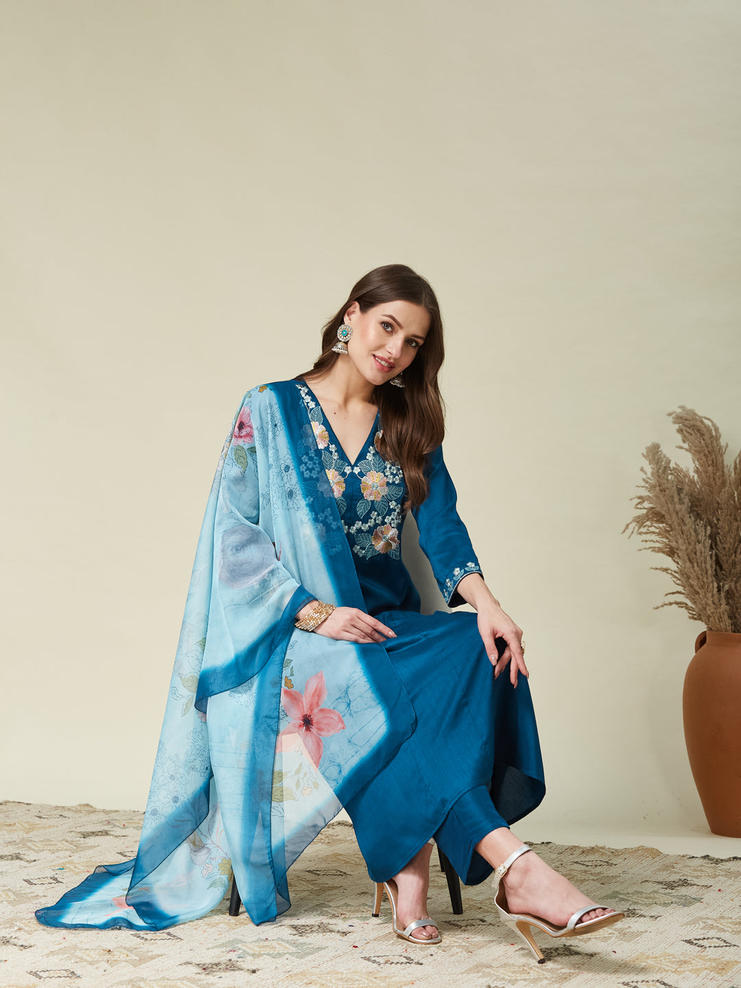 Teal Blue Embroidered Chinon A line Kurta With Dupatta Set