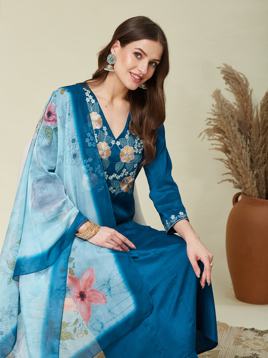 Teal Blue Embroidered Chinon A line Kurta With Dupatta Set