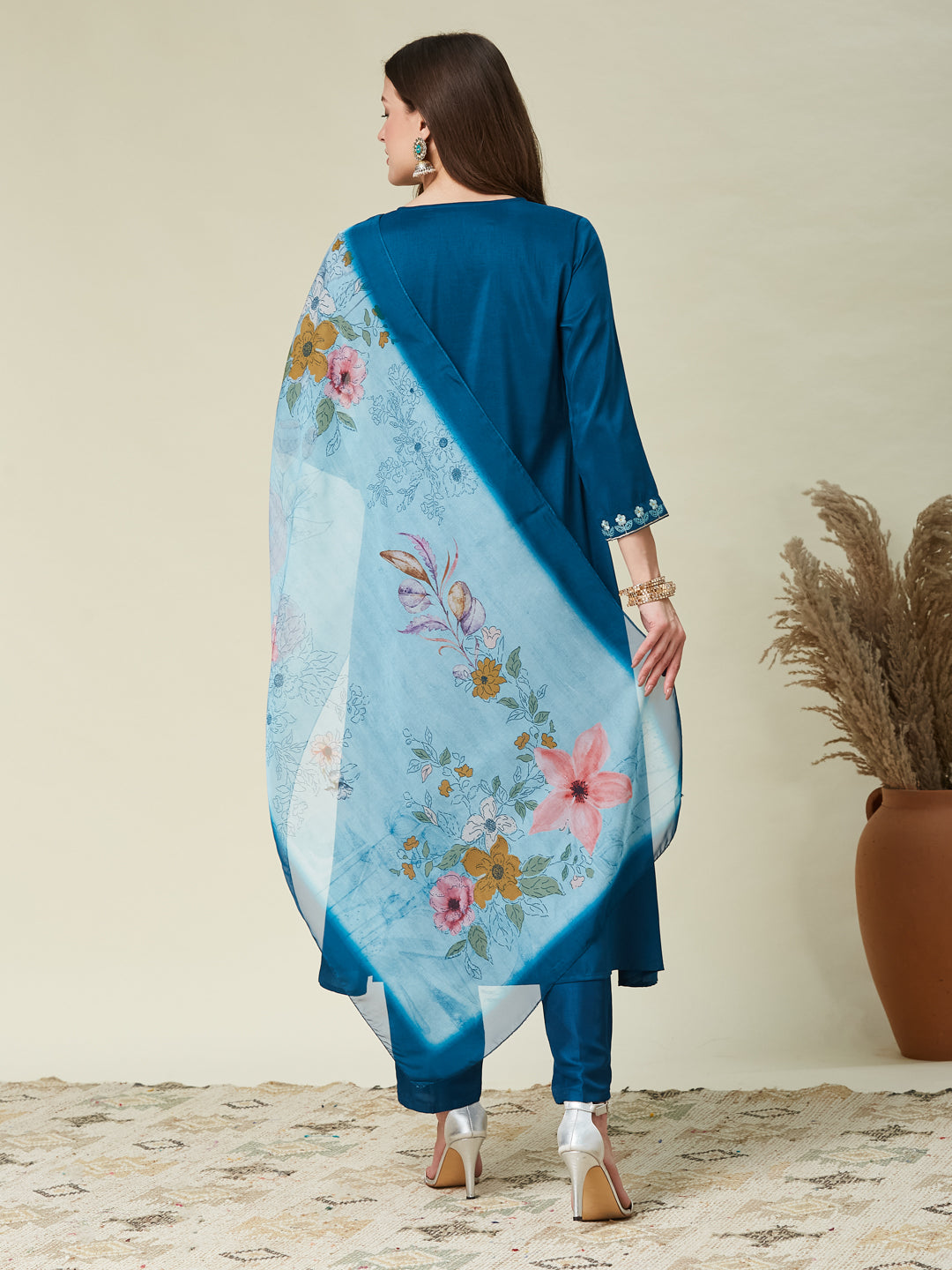 Teal Blue Embroidered Chinon A line Kurta With Dupatta Set