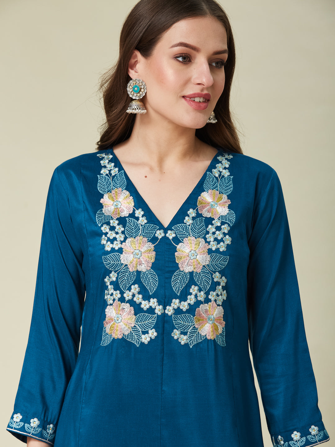 Teal Blue Embroidered Chinon A line Kurta With Dupatta Set