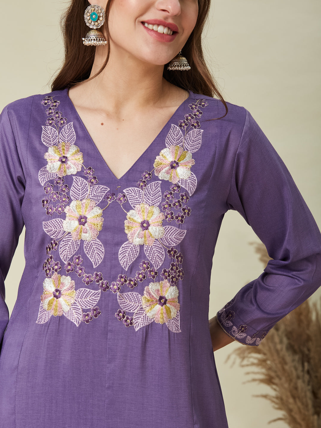 Purple Embroidered Chinon A line Kurta With Dupatta Set