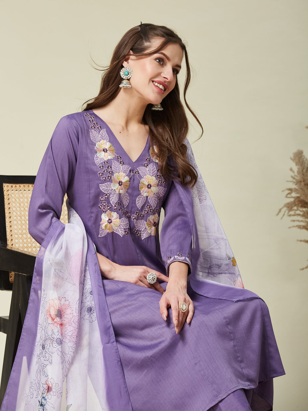 Purple Embroidered Chinon A line Kurta With Dupatta Set