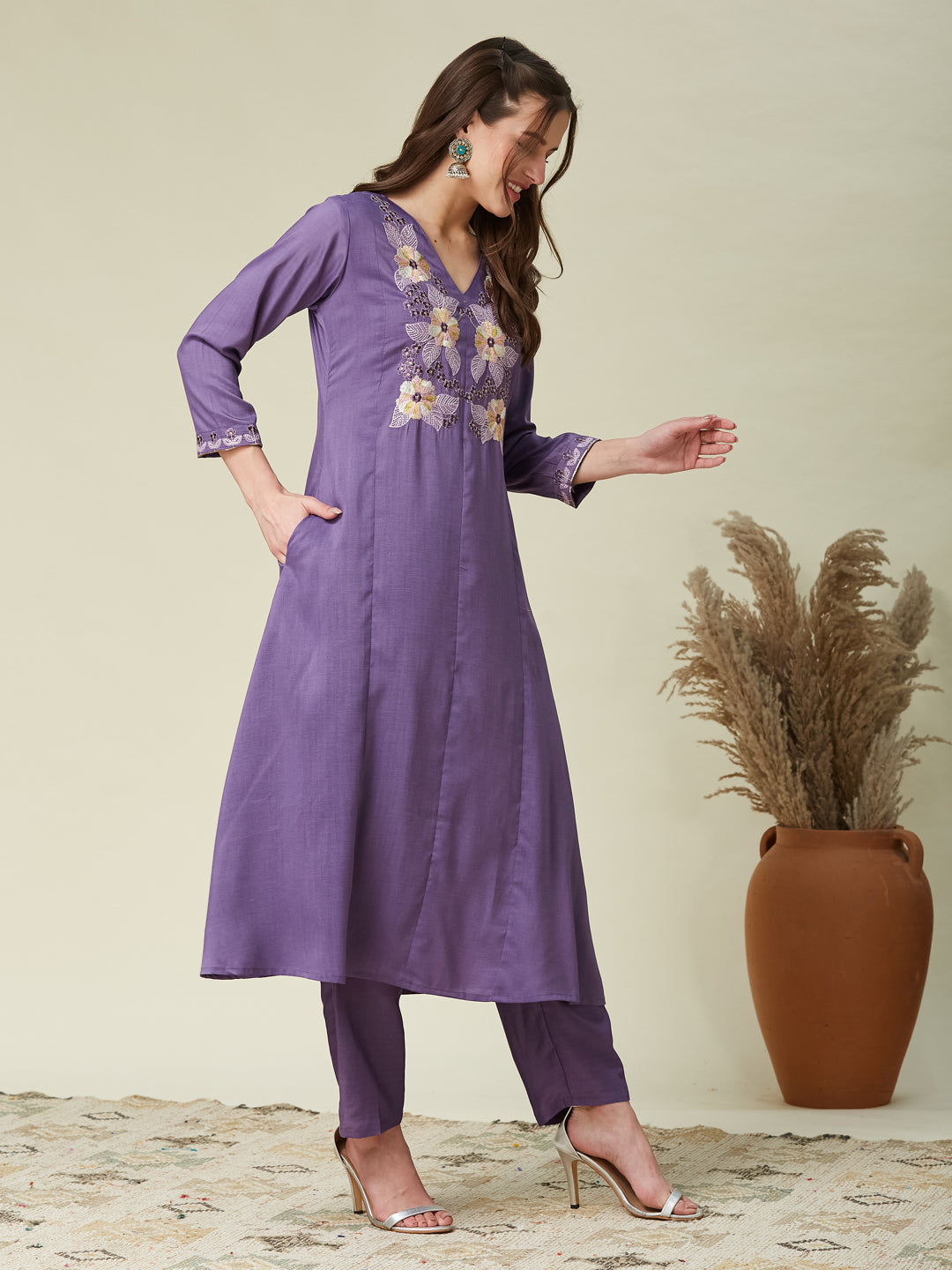 Purple Embroidered Chinon A line Kurta With Dupatta Set