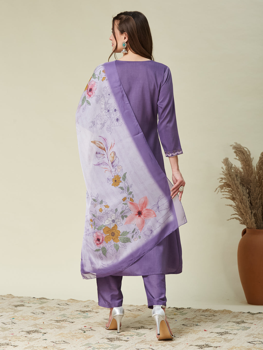 Purple Embroidered Chinon A line Kurta With Dupatta Set
