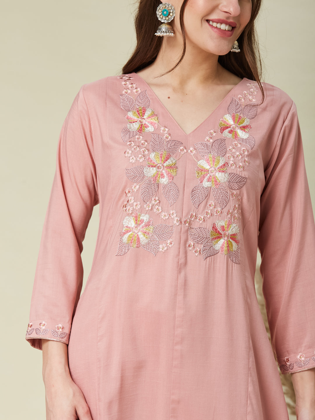 Pink Embroidered Chinon A line Kurta With Dupatta Set
