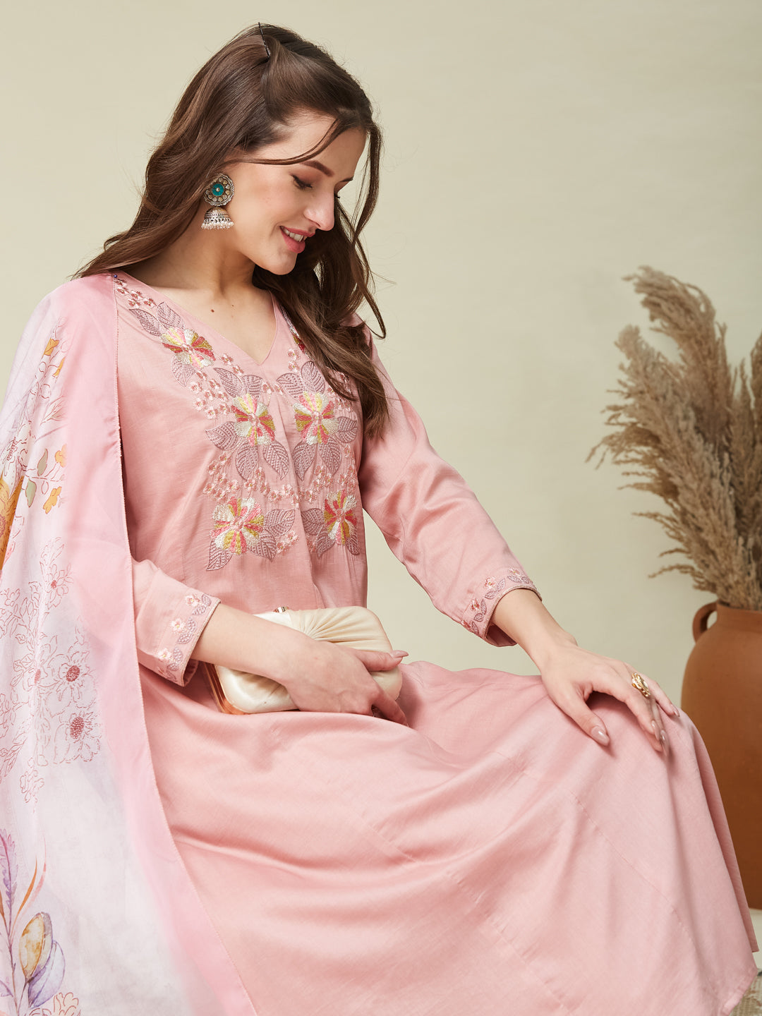 Pink Embroidered Chinon A line Kurta With Dupatta Set