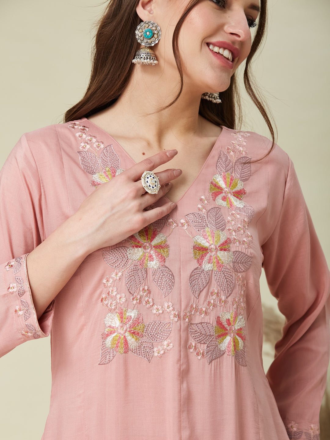 Pink Embroidered Chinon A line Kurta With Dupatta Set