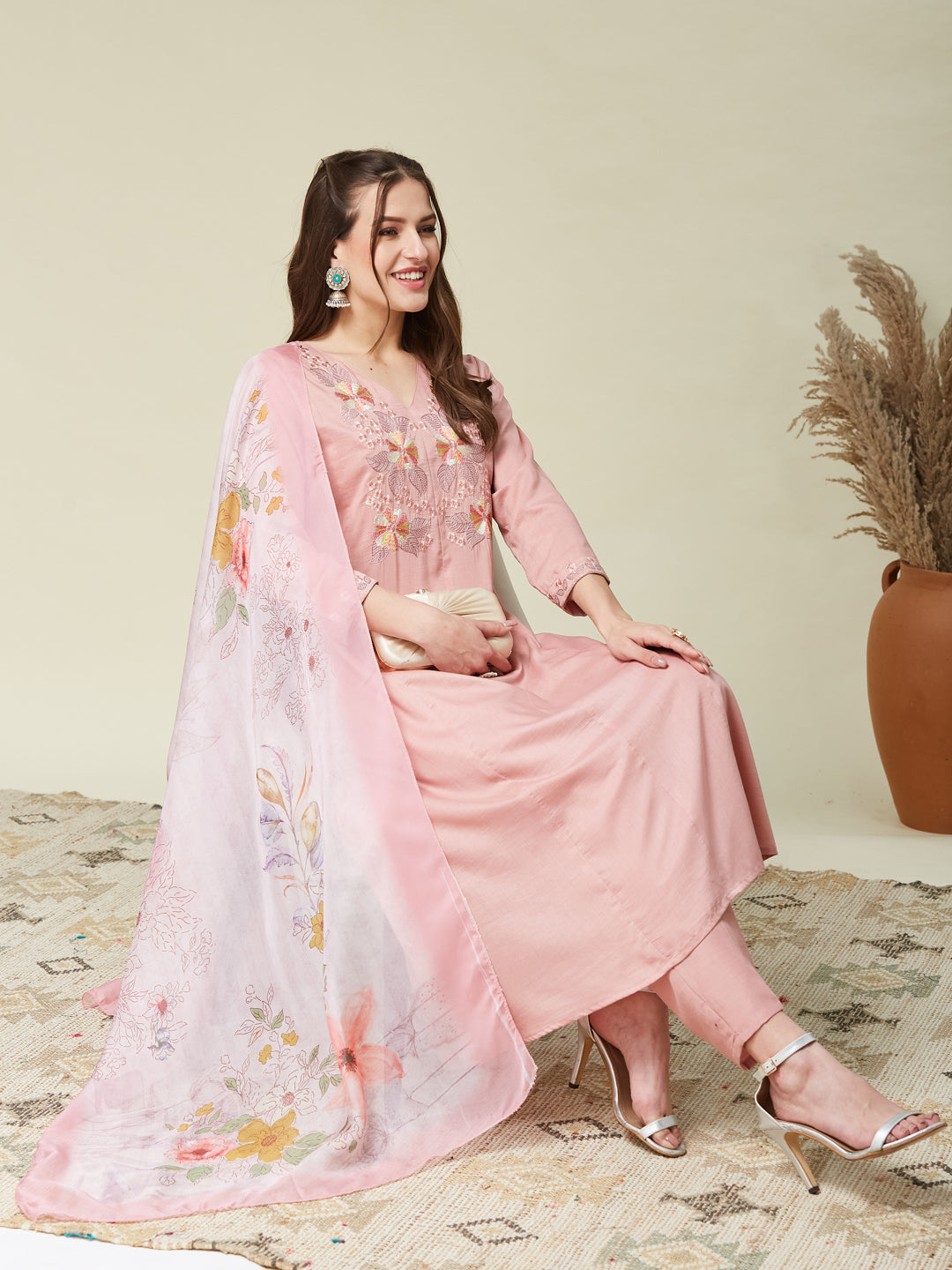 Pink Embroidered Chinon A line Kurta With Dupatta Set