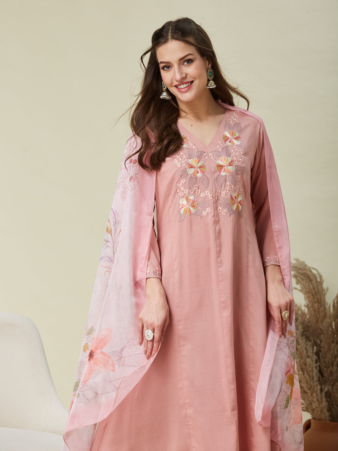 Pink Embroidered Chinon A line Kurta With Dupatta Set