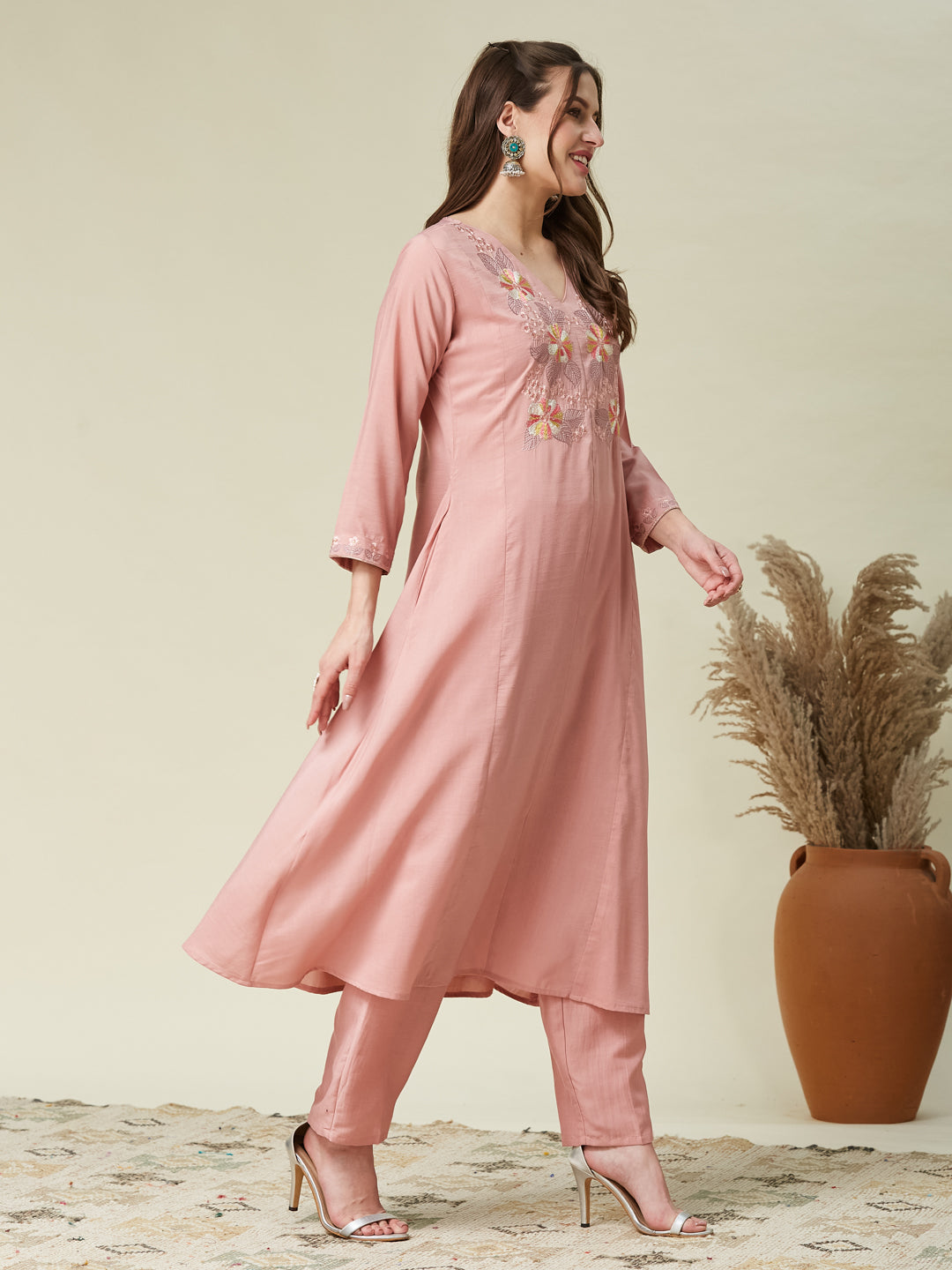 Pink Embroidered Chinon A line Kurta With Dupatta Set