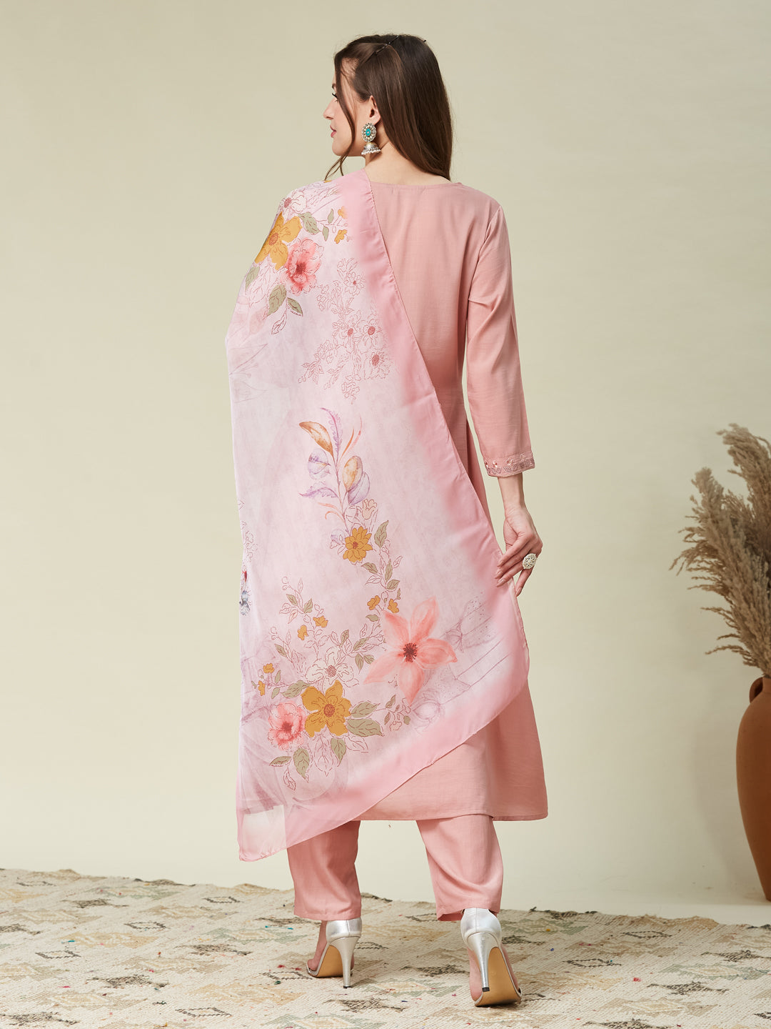 Pink Embroidered Chinon A line Kurta With Dupatta Set