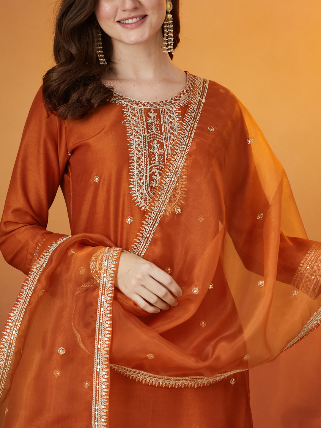 Orange Chinon solid Embroidered Kurta set with dupatta for women