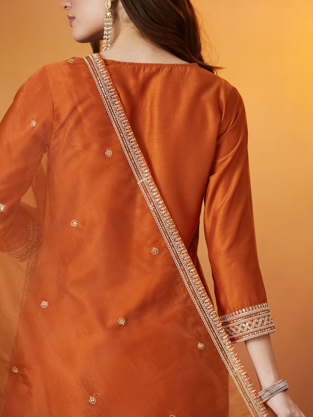 Orange Chinon solid Embroidered Kurta set with dupatta for women