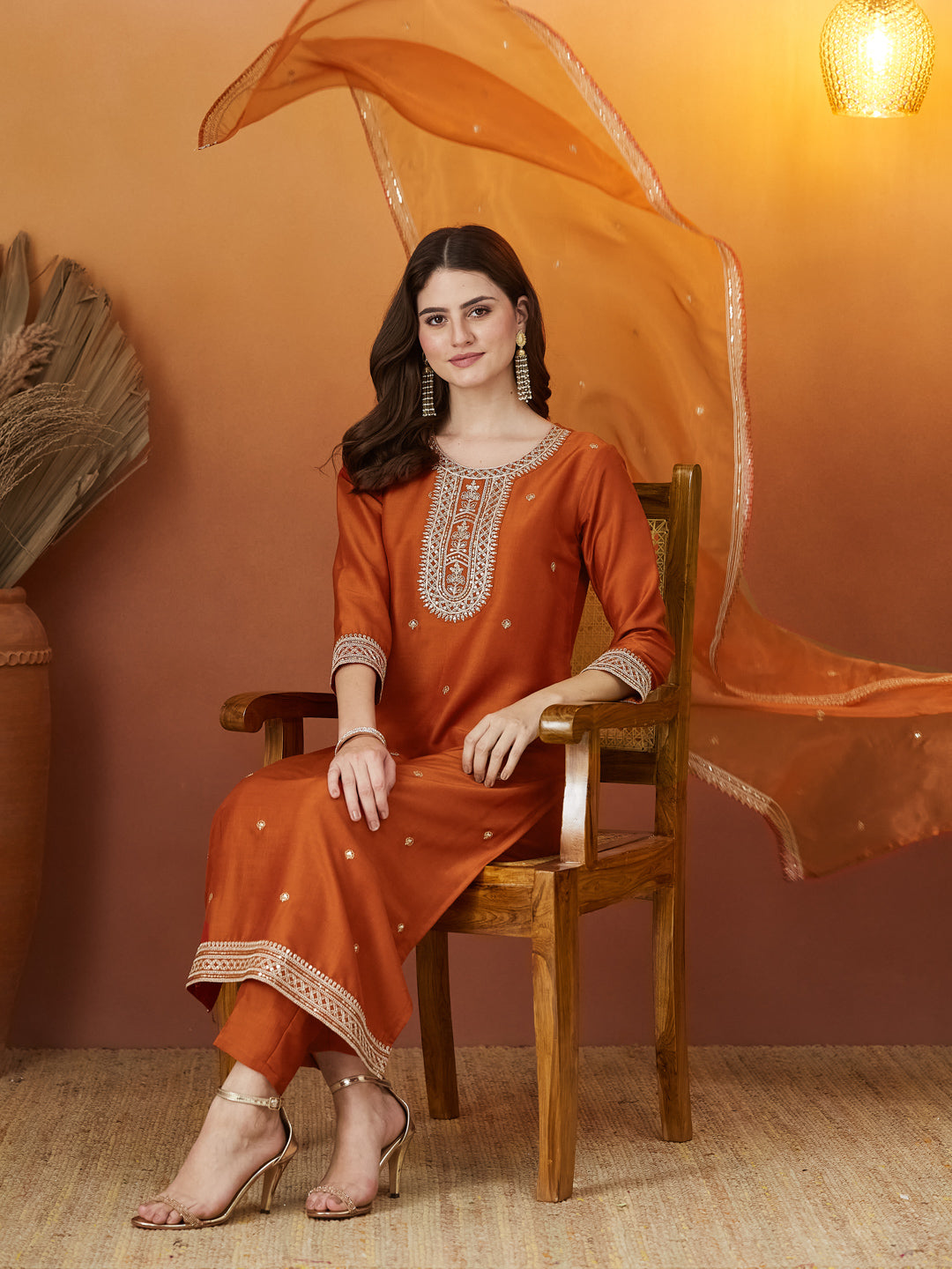 Orange Chinon solid Embroidered Kurta set with dupatta for women