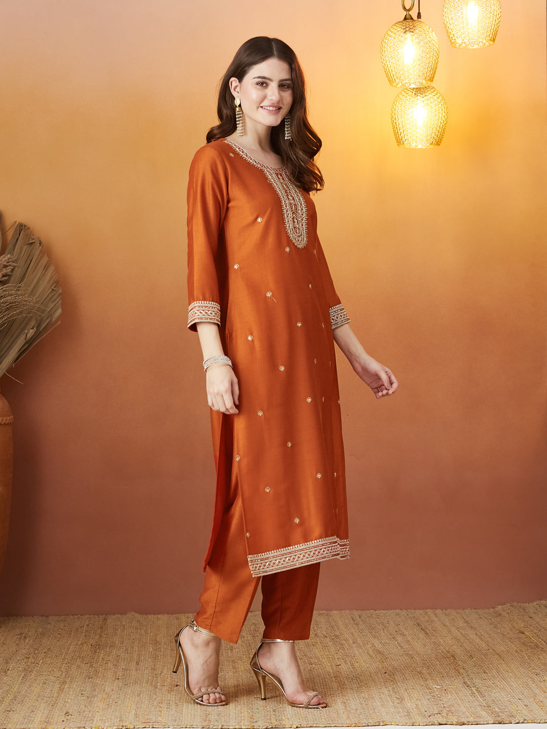 Orange Chinon solid Embroidered Kurta set with dupatta for women