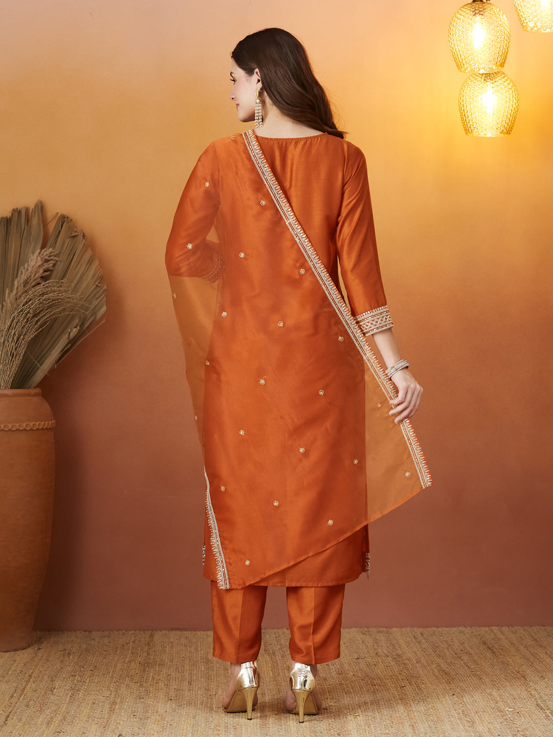 Orange Chinon solid Embroidered Kurta set with dupatta for women
