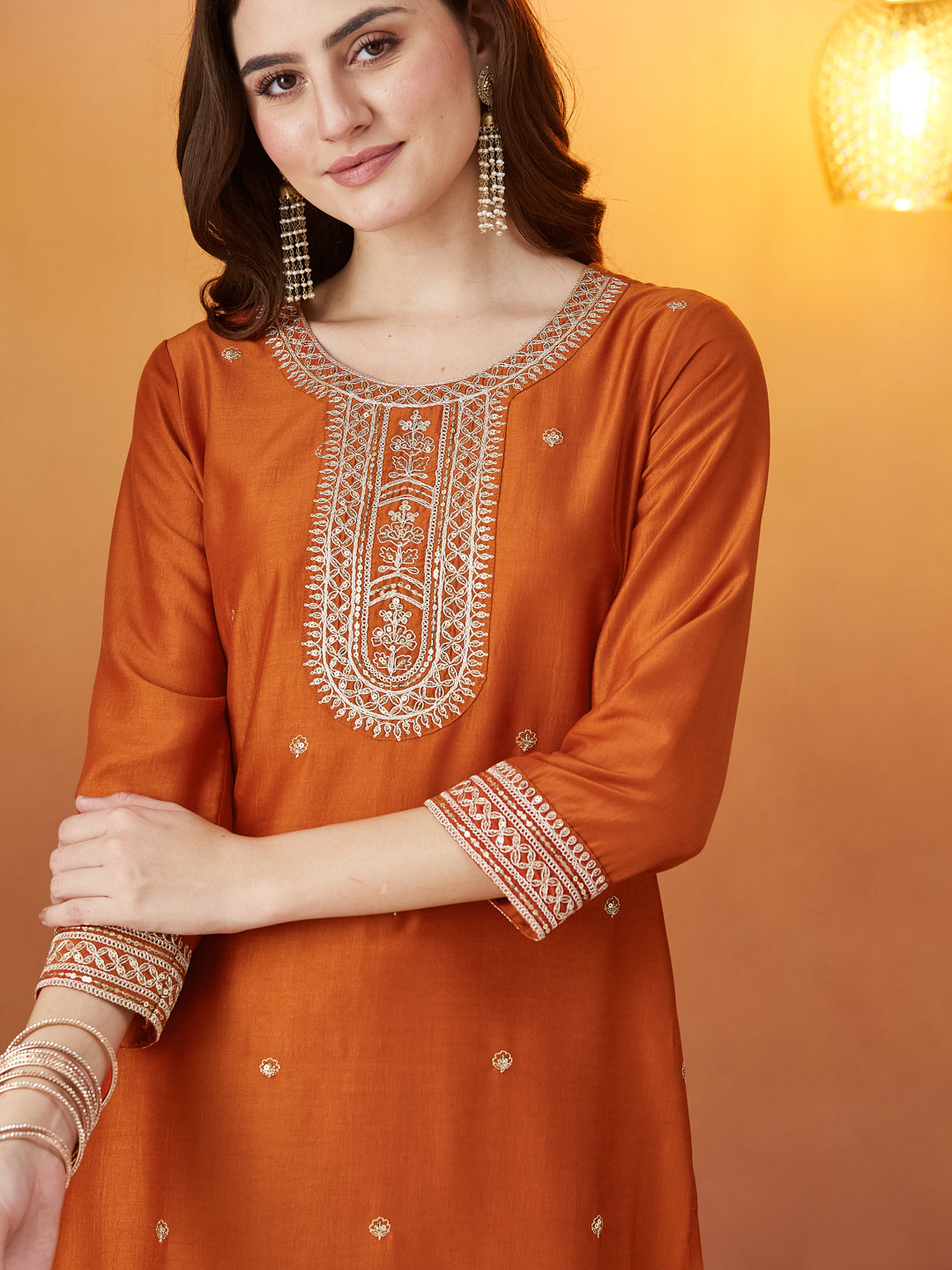 Orange Chinon solid Embroidered Kurta set with dupatta for women