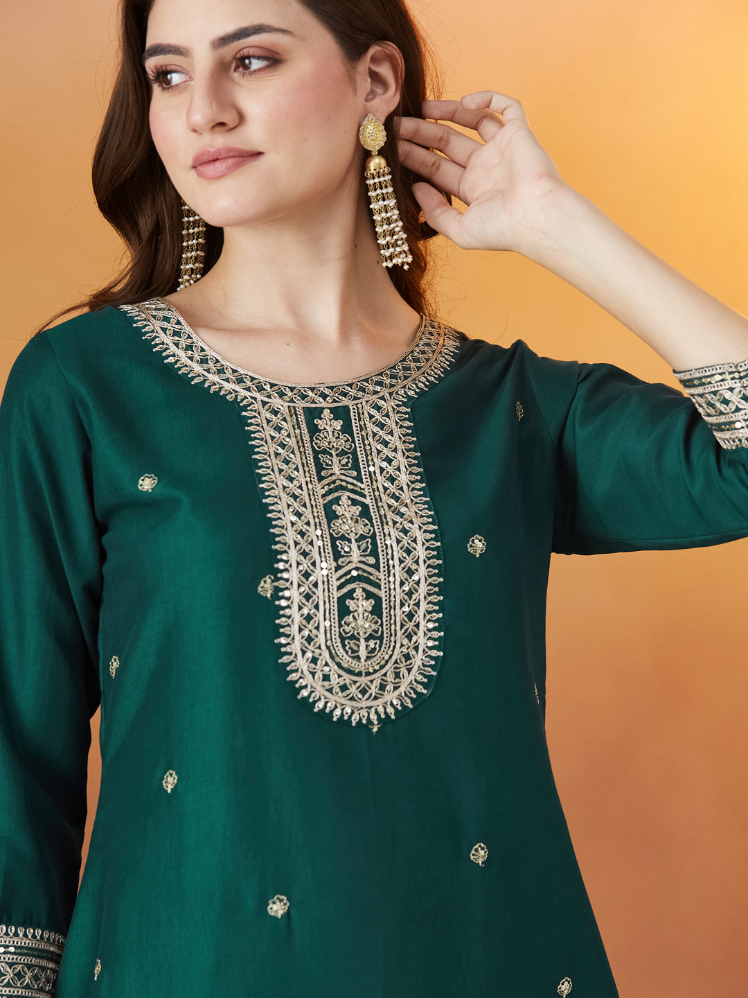 Bottle Green Chinon solid Embroidered Kurta set with dupatta for women