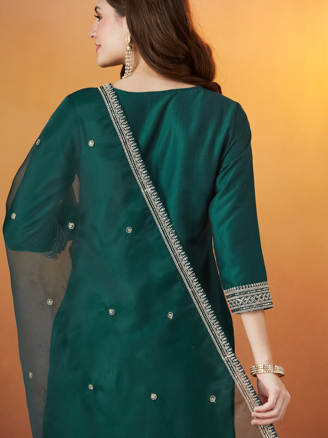 Bottle Green Chinon solid Embroidered Kurta set with dupatta for women