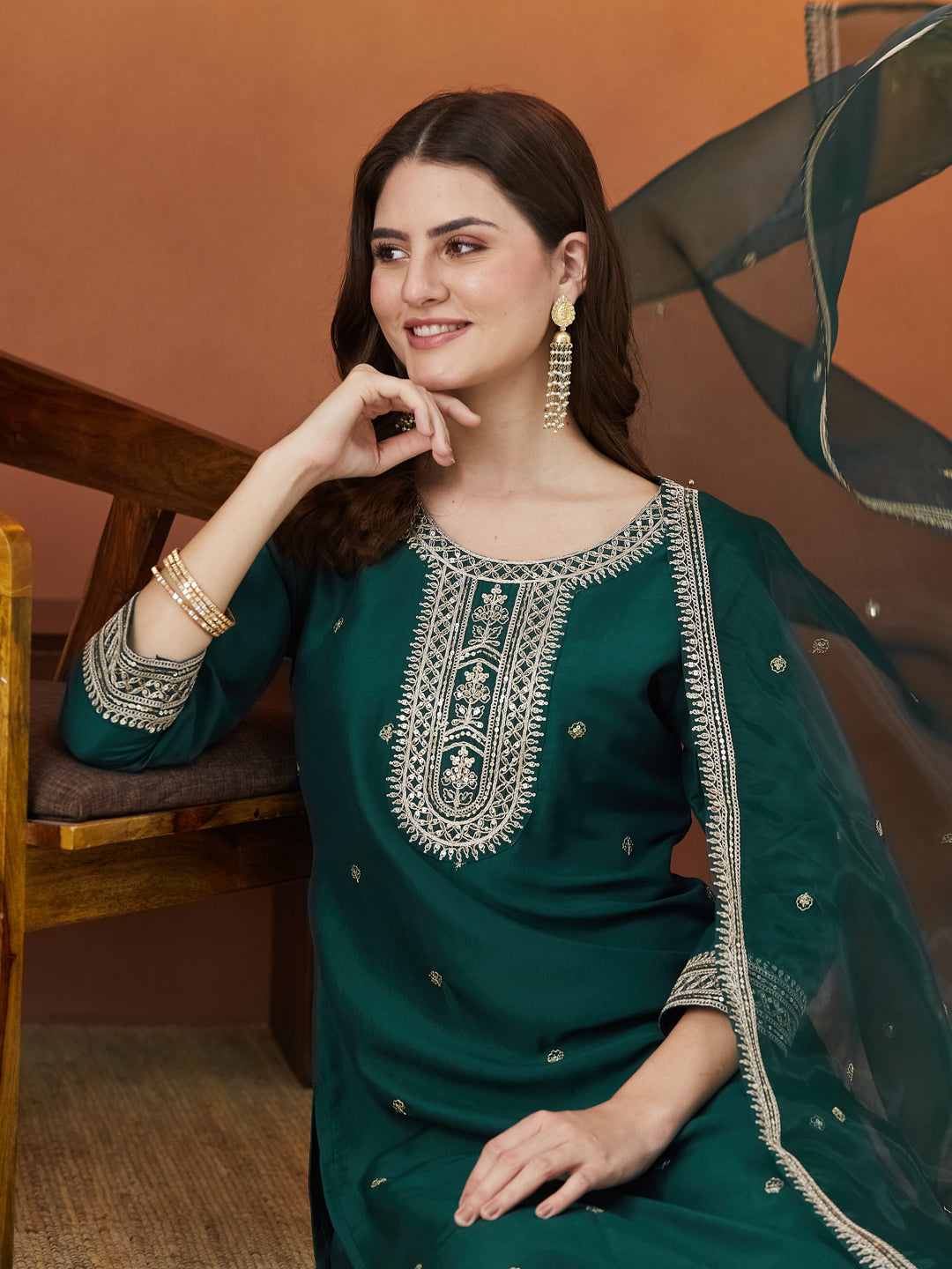 Bottle Green Chinon solid Embroidered Kurta set with dupatta for women