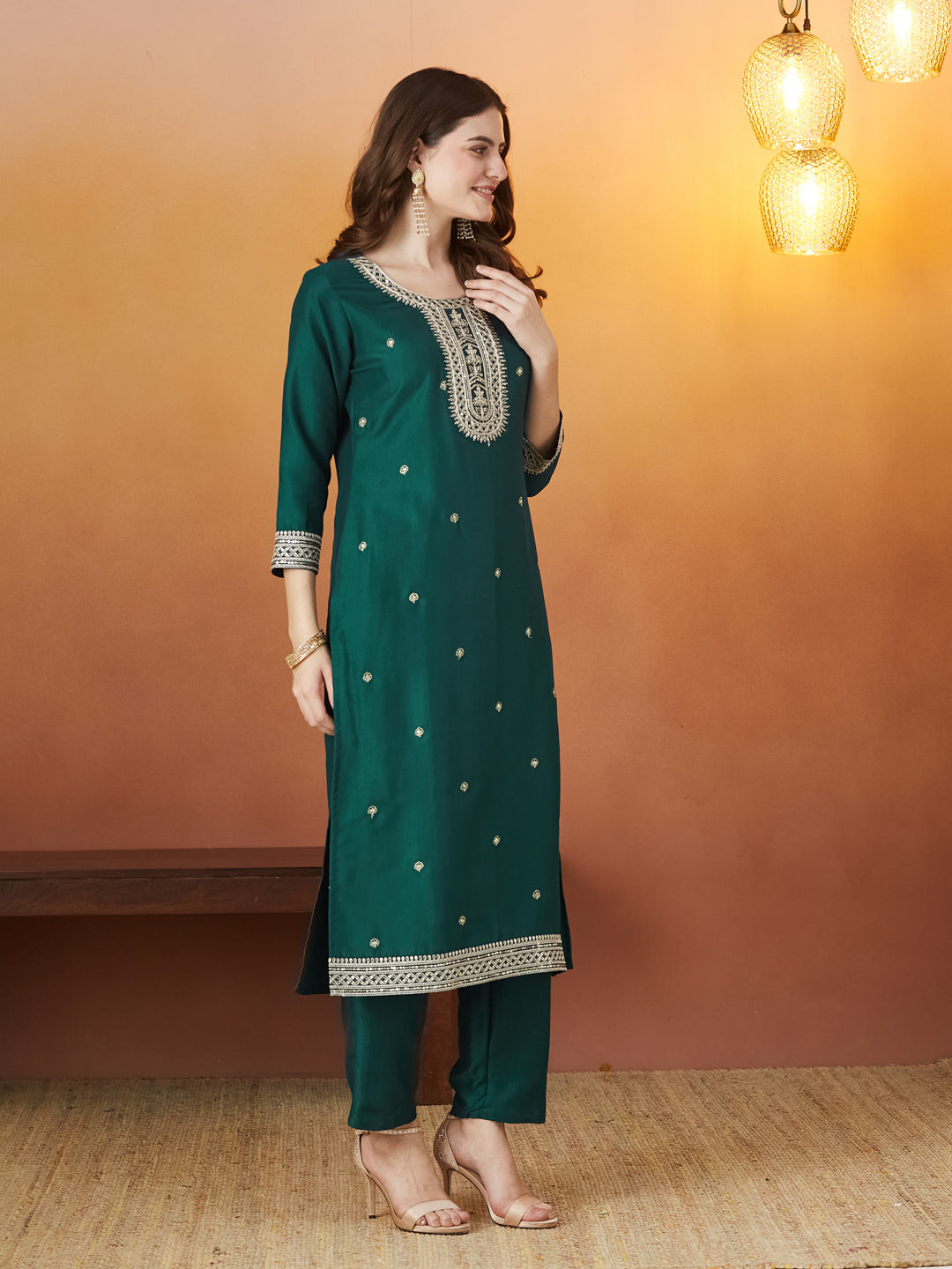 Bottle Green Chinon solid Embroidered Kurta set with dupatta for women