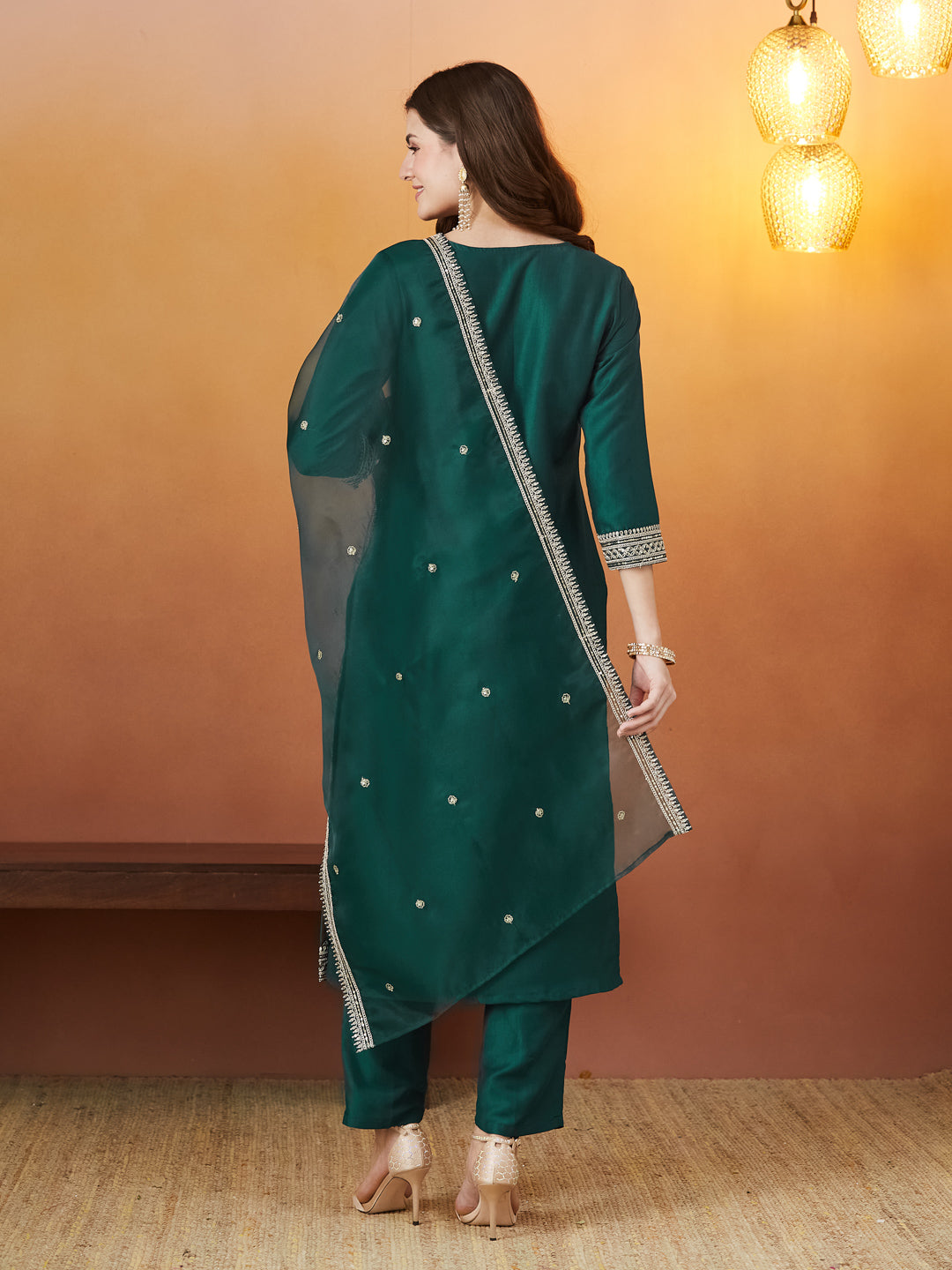 Bottle Green Chinon solid Embroidered Kurta set with dupatta for women