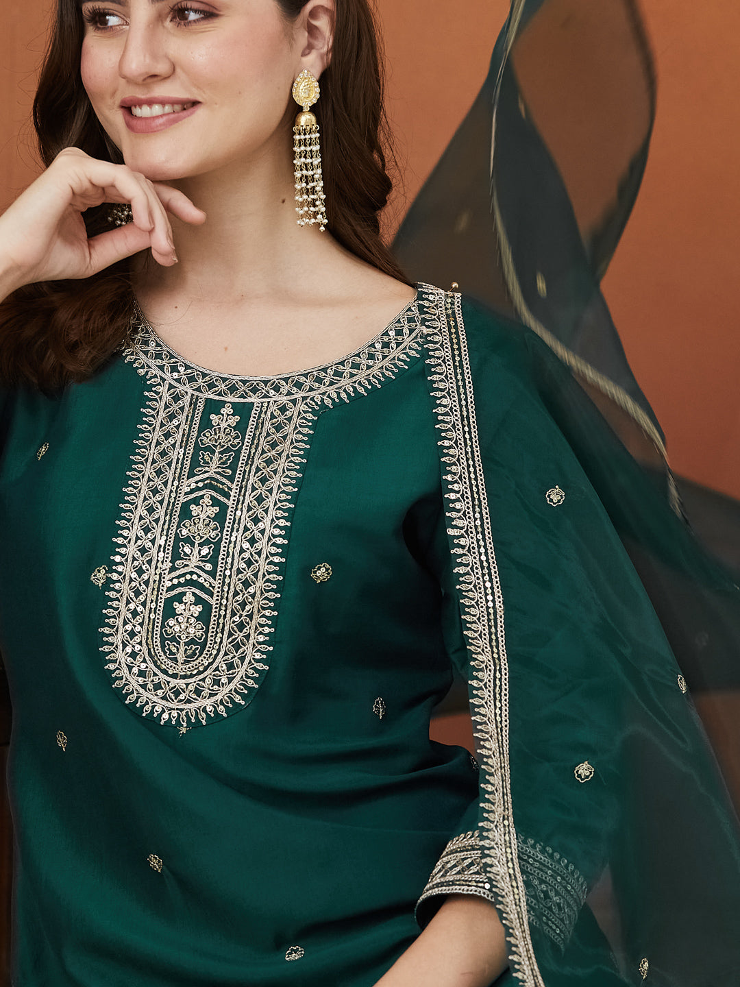 Bottle Green Chinon solid Embroidered Kurta set with dupatta for women