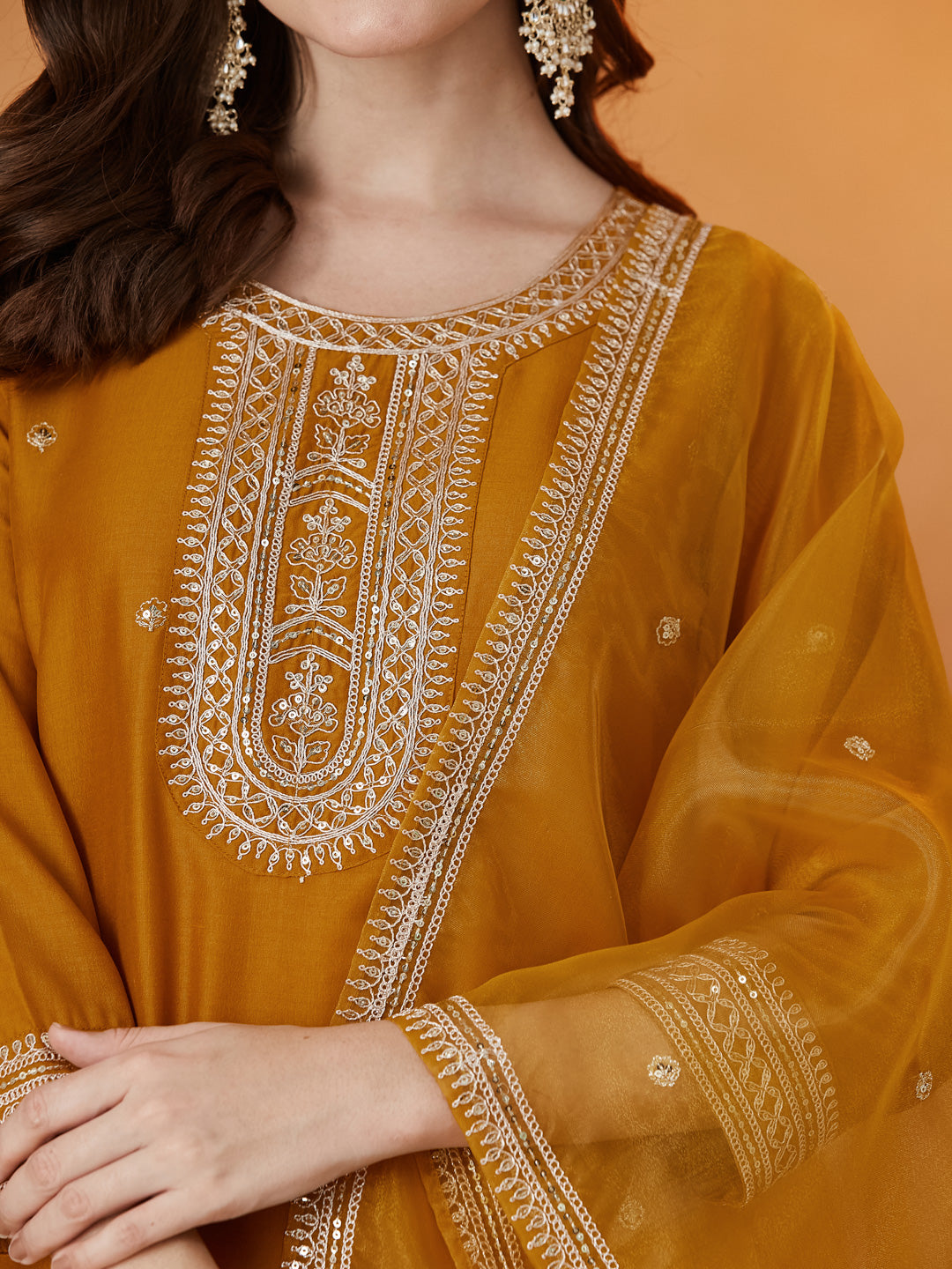 Dark Mustard Chinon solid Embroidered Kurta set with dupatta for women