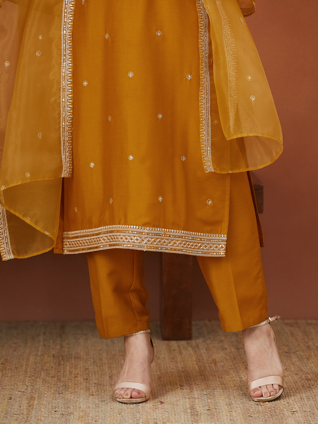 Dark Mustard Chinon solid Embroidered Kurta set with dupatta for women