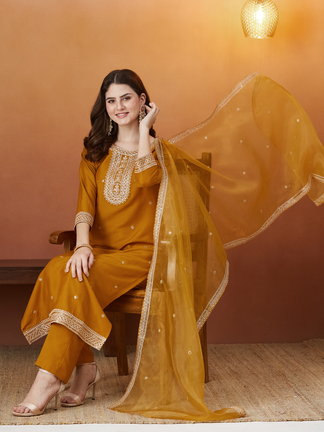 Dark Mustard Chinon solid Embroidered Kurta set with dupatta for women