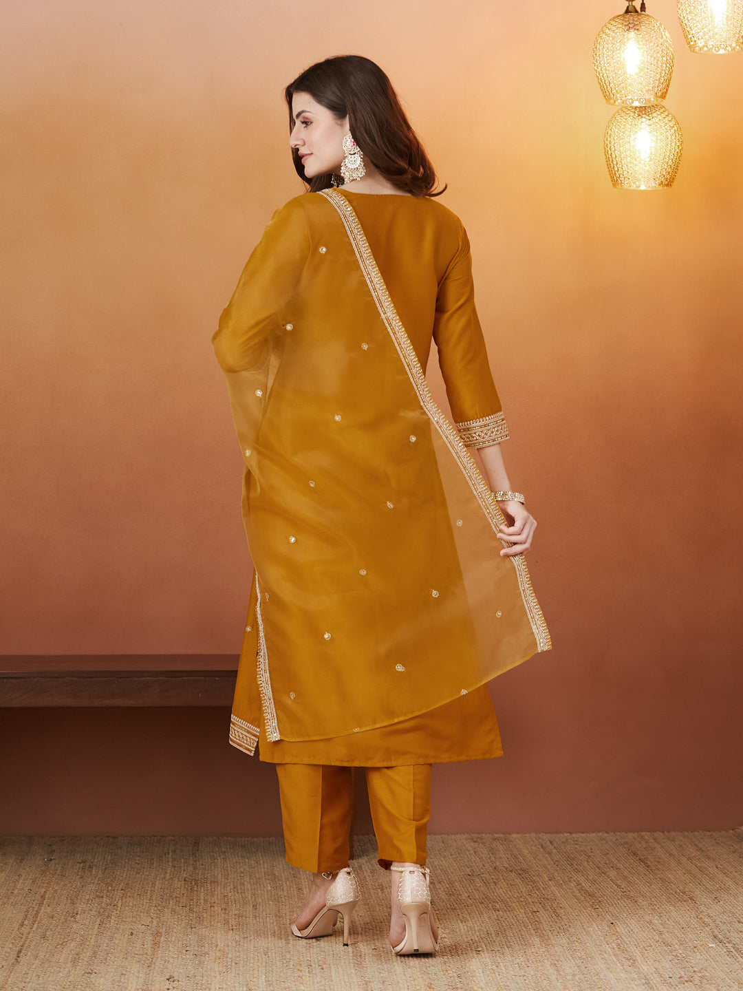 Dark Mustard Chinon solid Embroidered Kurta set with dupatta for women