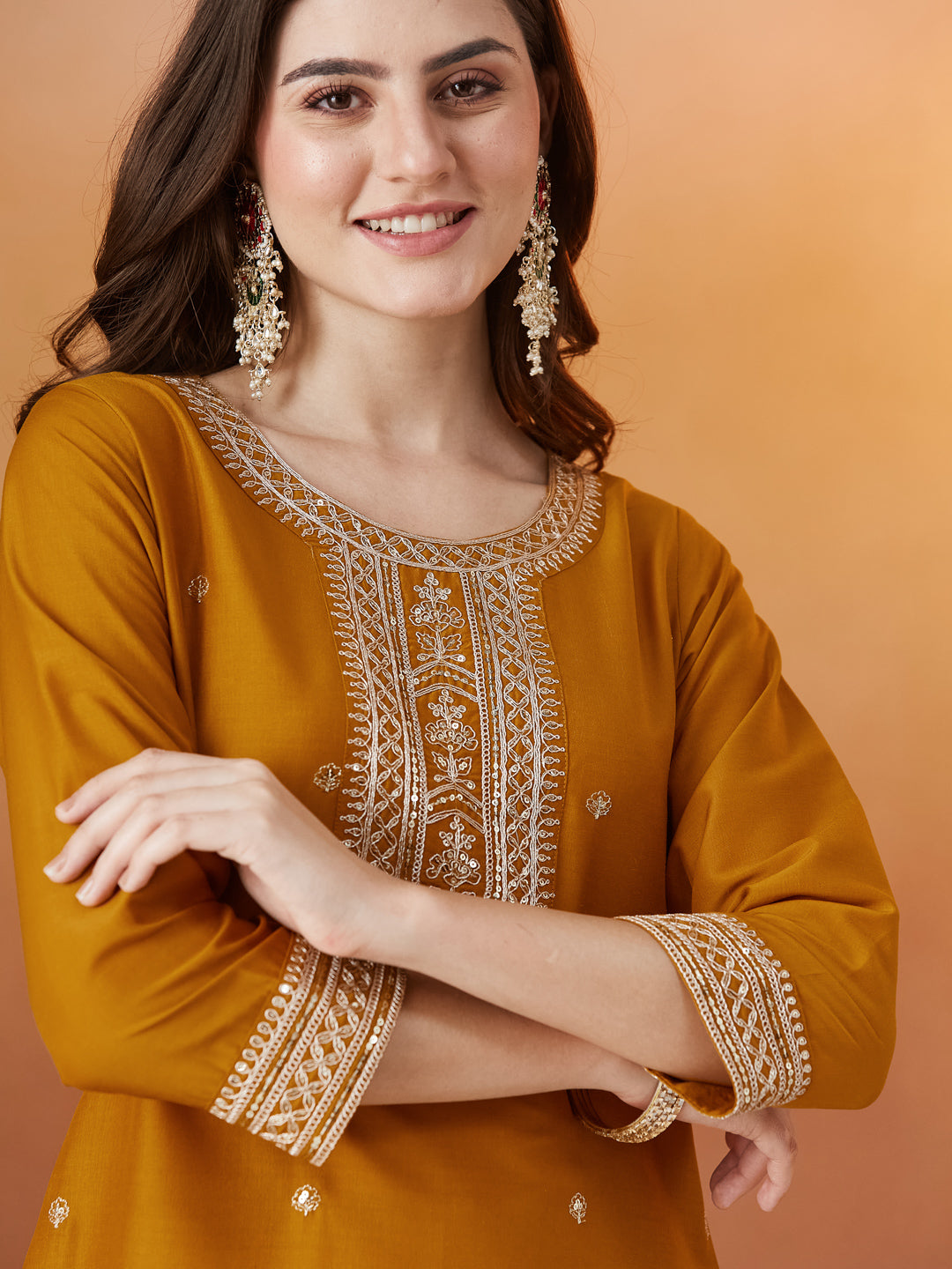 Dark Mustard Chinon solid Embroidered Kurta set with dupatta for women