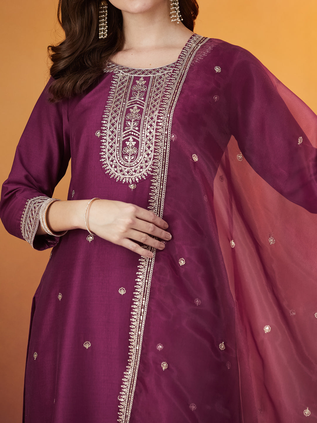 Onion Chinon solid Embroidered Kurta set with dupatta for women