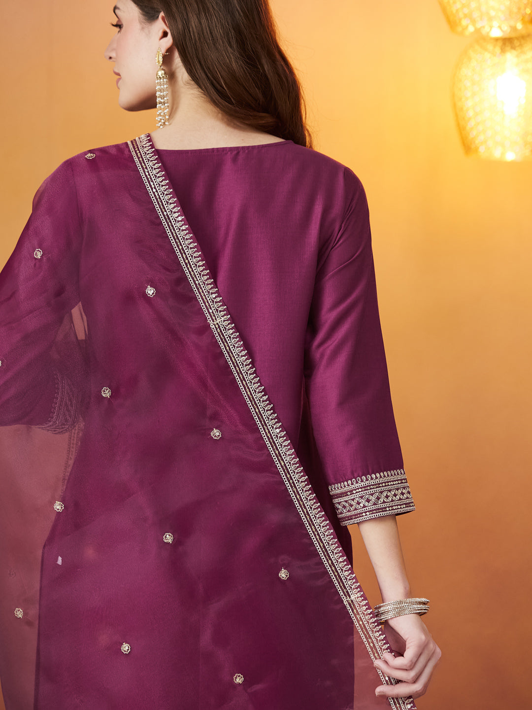Onion Chinon solid Embroidered Kurta set with dupatta for women