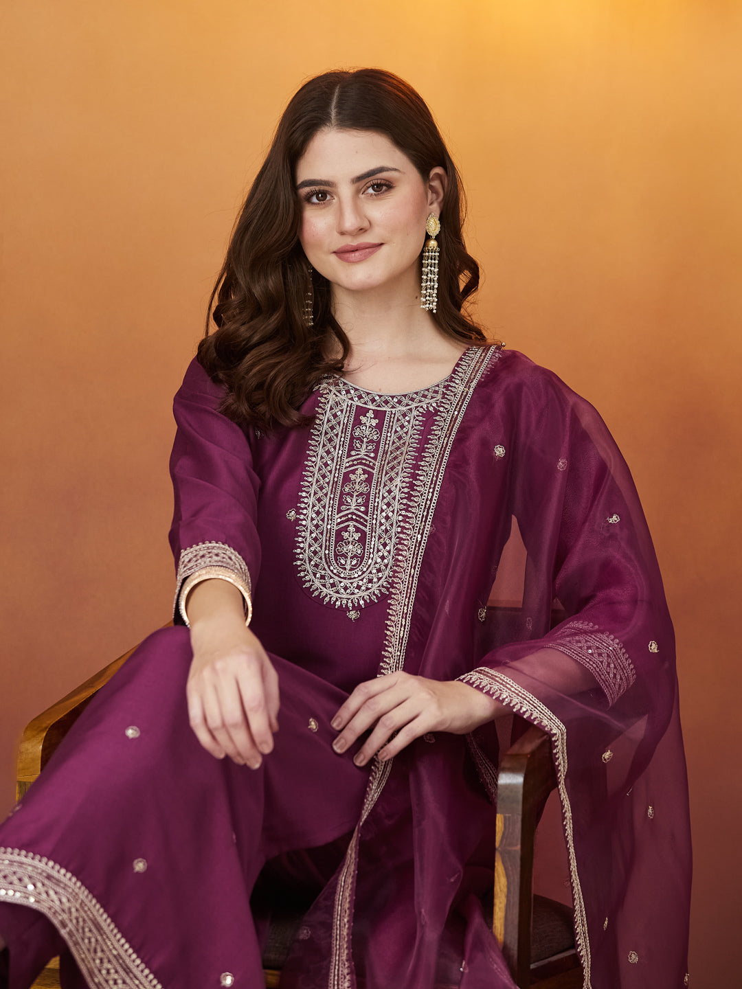 Onion Chinon solid Embroidered Kurta set with dupatta for women