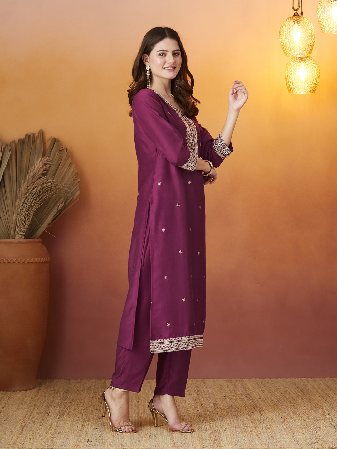 Onion Chinon solid Embroidered Kurta set with dupatta for women