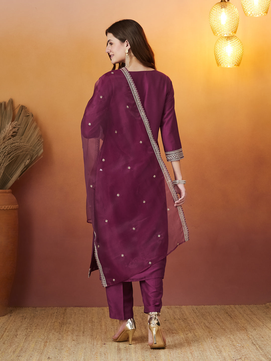 Onion Chinon solid Embroidered Kurta set with dupatta for women