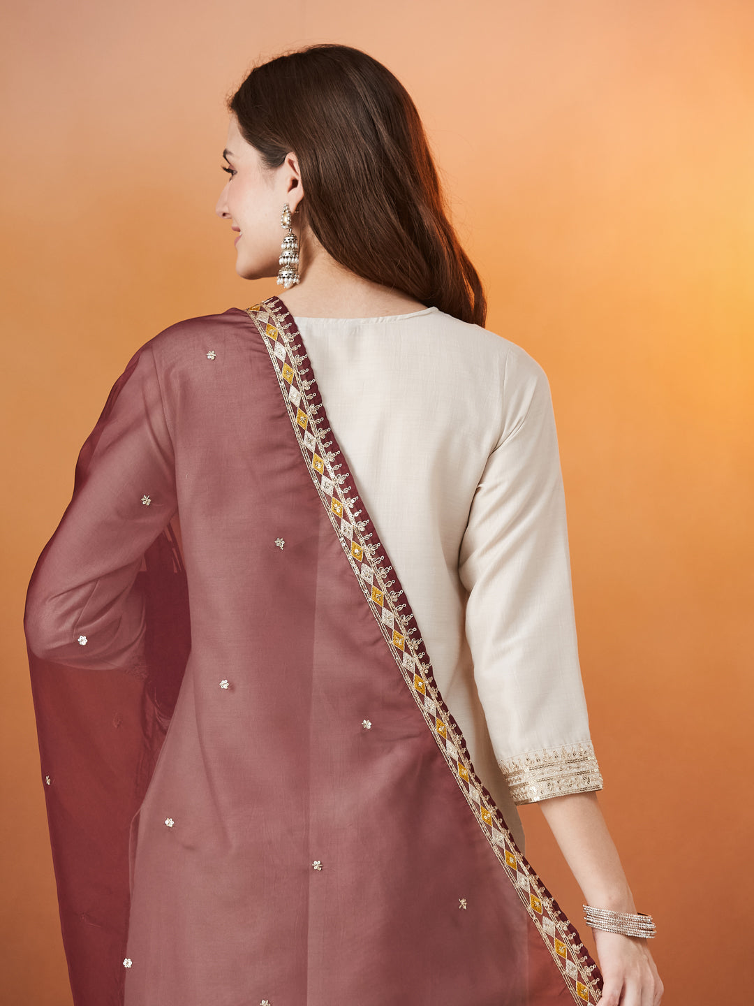 Cream Embroidered chinon kurta with dupatta set