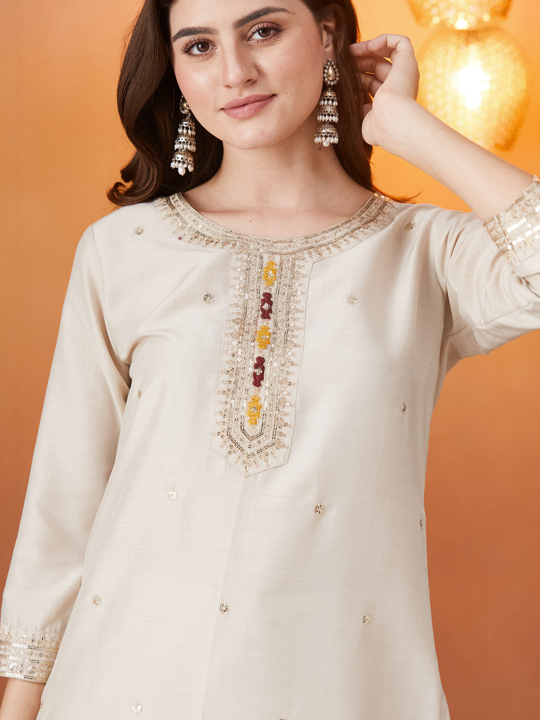 Cream Embroidered chinon kurta with dupatta set