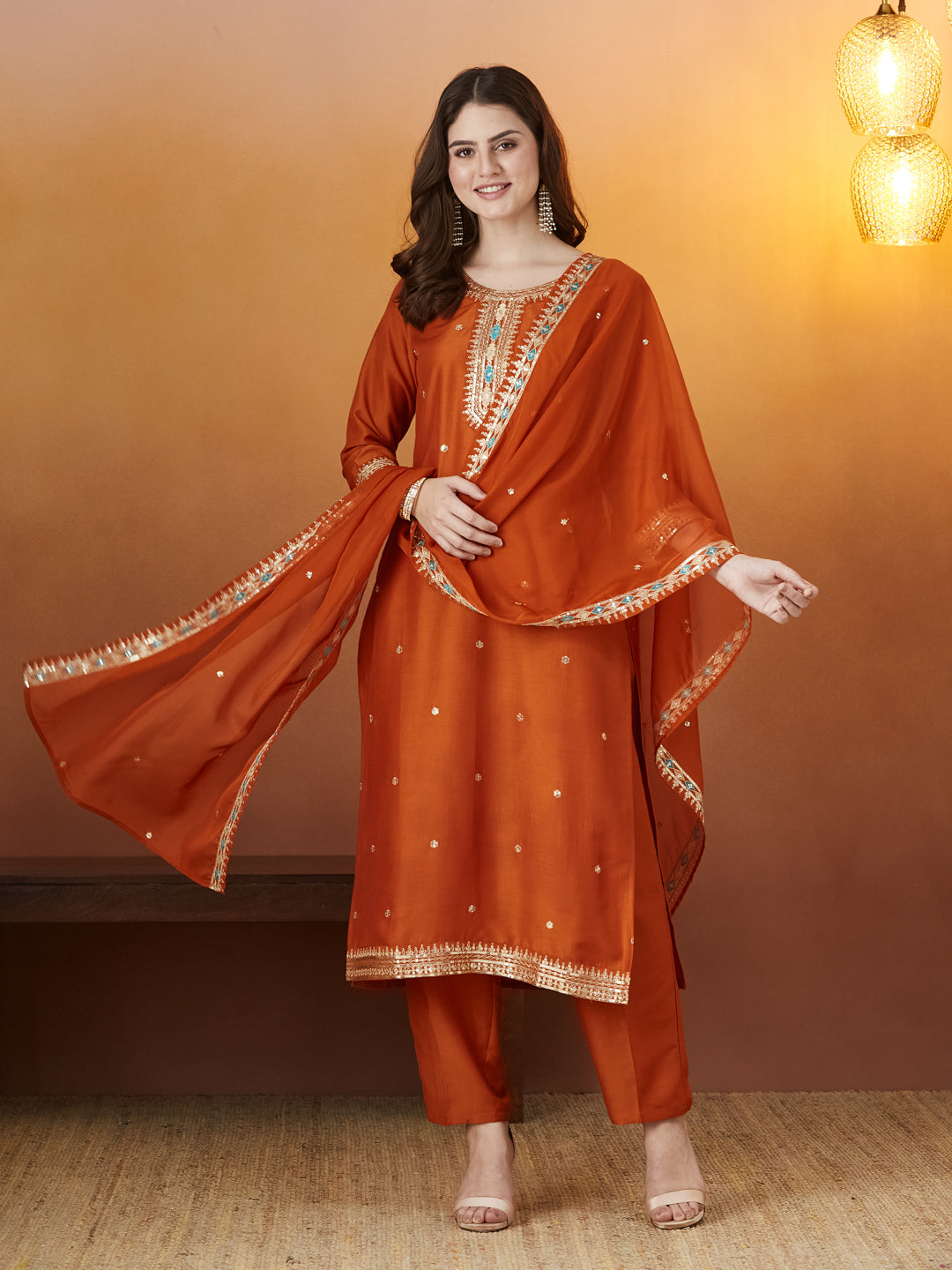 Orange Embroidered chinon kurta with dupatta set