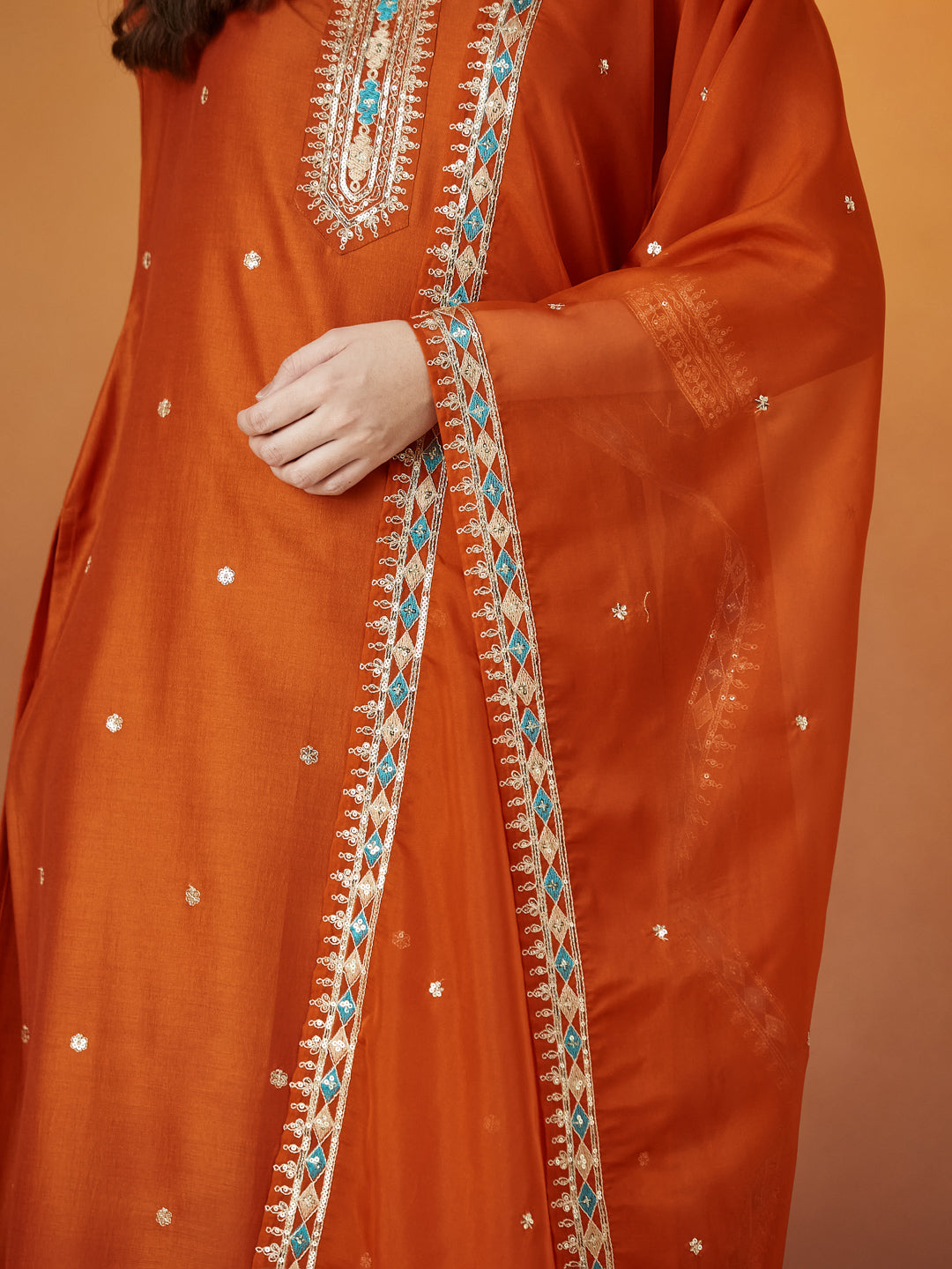 Orange Embroidered chinon kurta with dupatta set