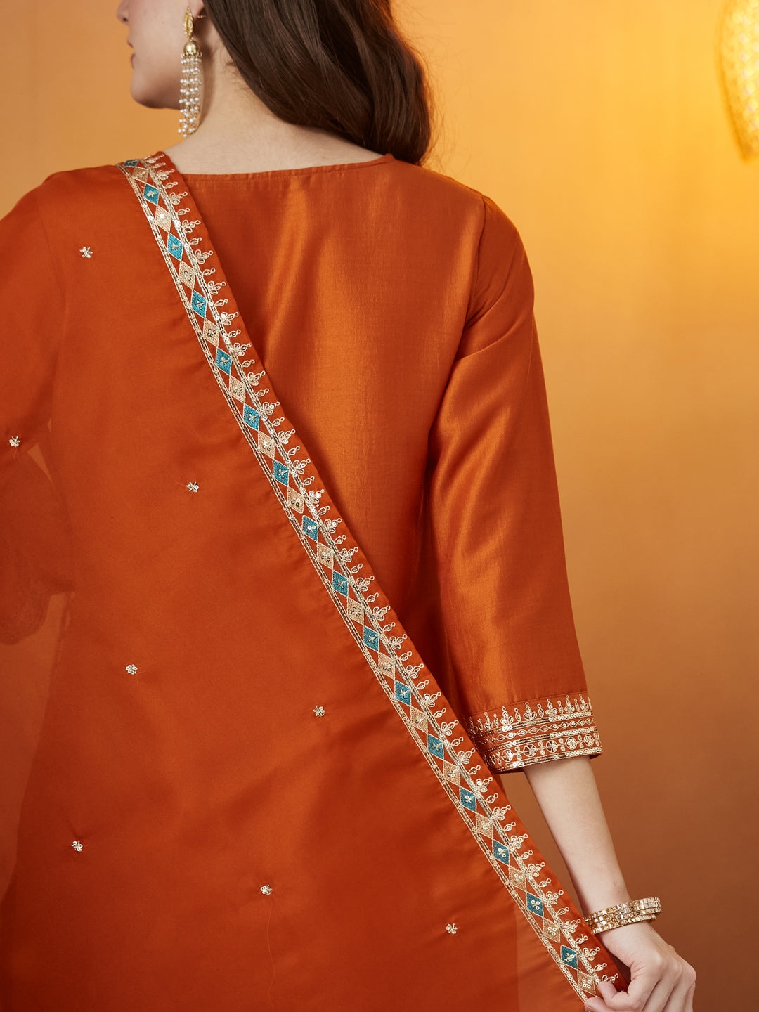 Orange Embroidered chinon kurta with dupatta set