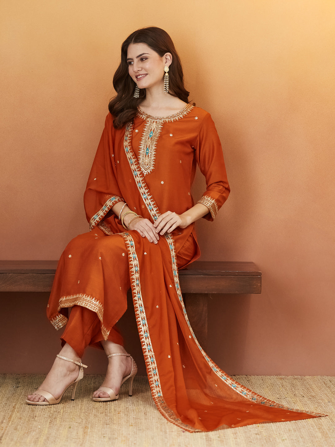 Orange Embroidered chinon kurta with dupatta set
