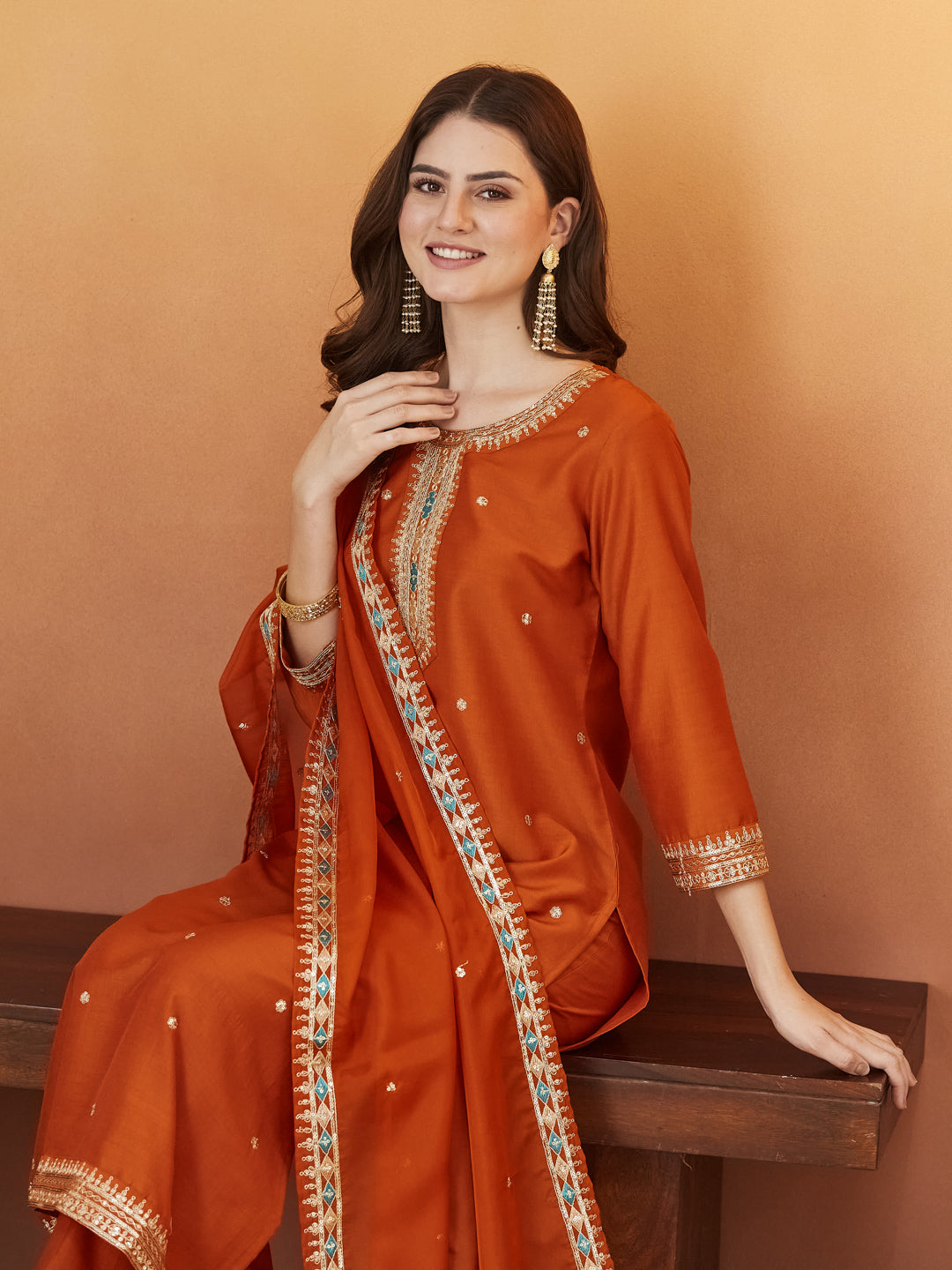 Orange Embroidered chinon kurta with dupatta set
