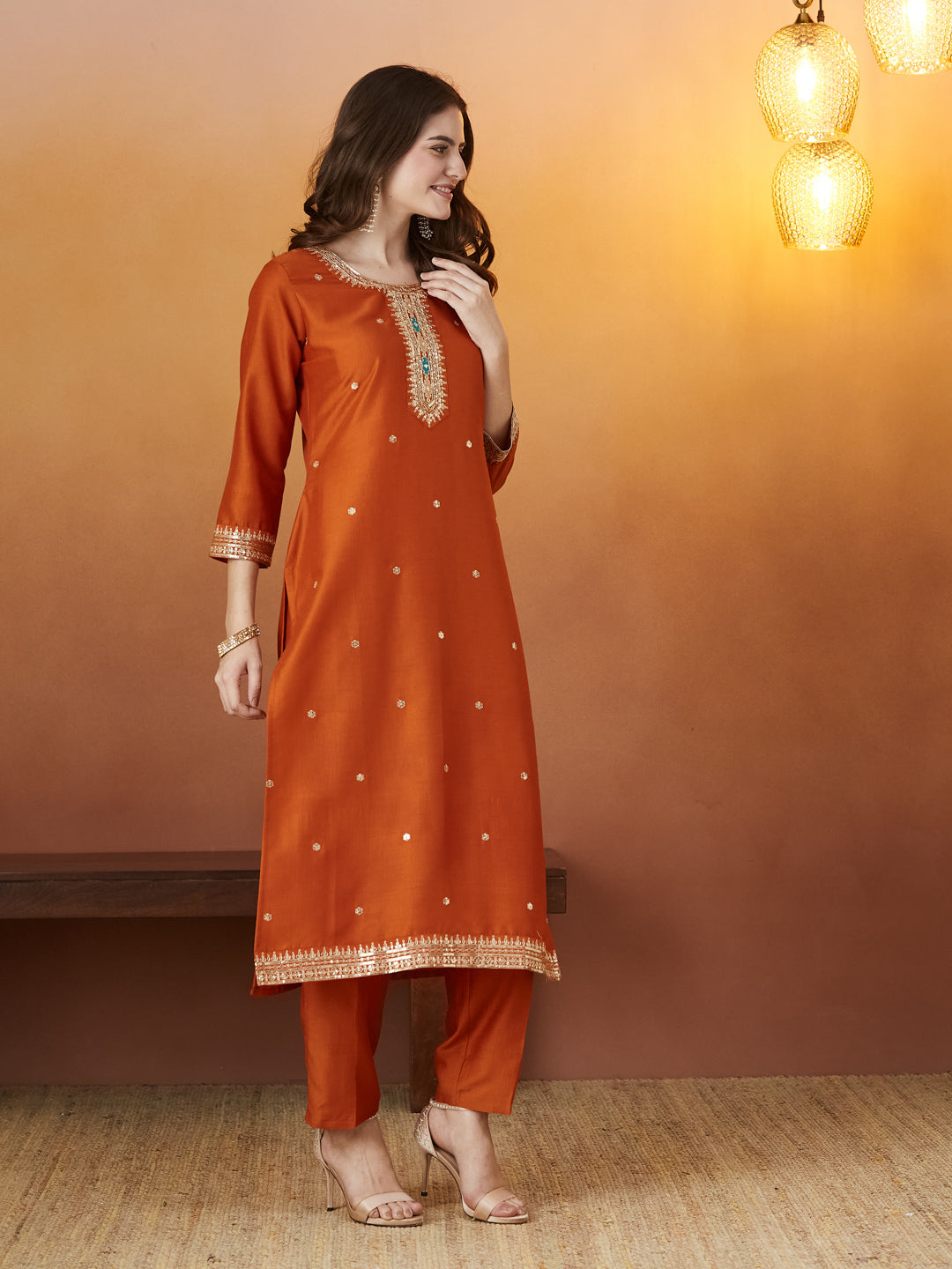 Orange Embroidered chinon kurta with dupatta set
