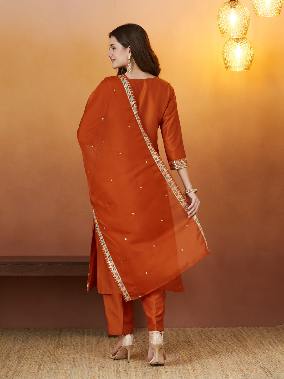 Orange Embroidered chinon kurta with dupatta set