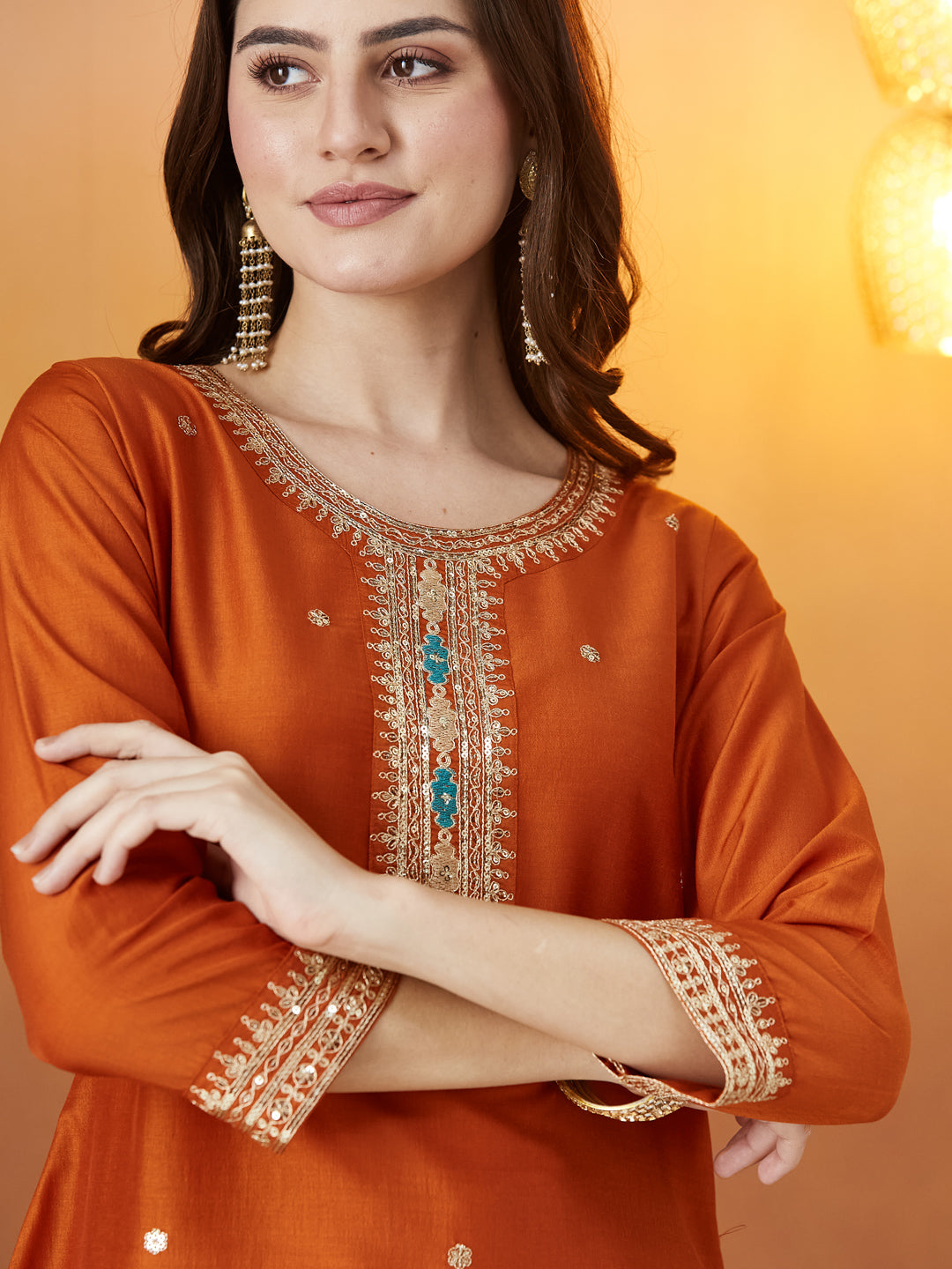 Orange Embroidered chinon kurta with dupatta set
