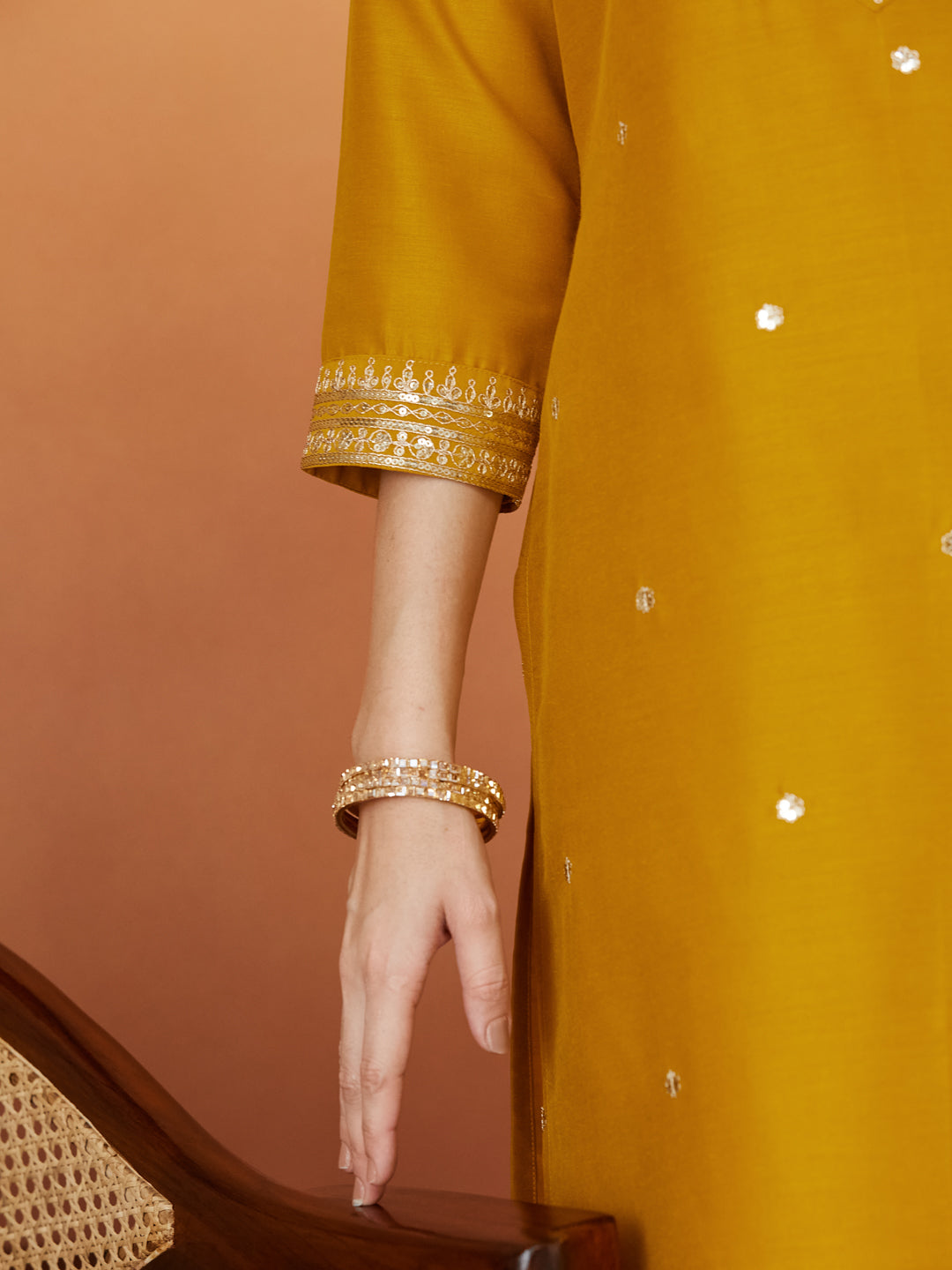 Mustard Embroidered chinon kurta with dupatta set
